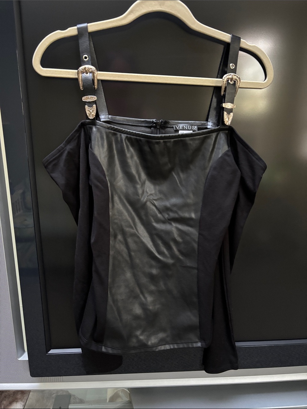 VENUS Black Faux-Leather Panel Camisole with Buckle Straps Sz Small